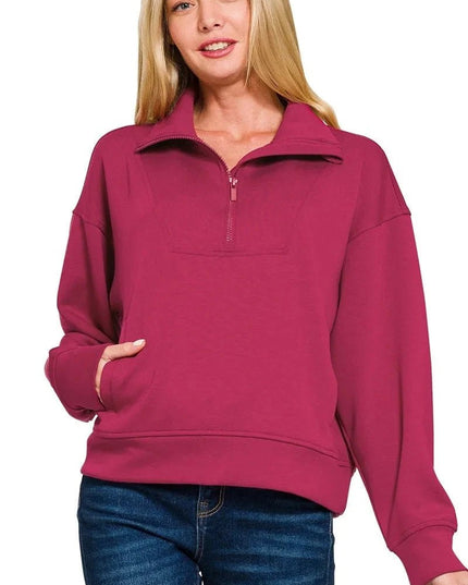Zenana Scuba Half Zip Sweatshirt with Pockets - Trendsi