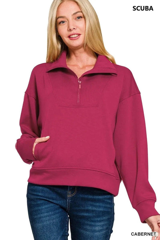 Zenana Scuba Half Zip Sweatshirt with Pockets - Trendsi