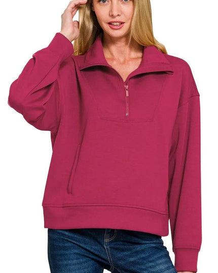 Zenana Scuba Half Zip Sweatshirt with Pockets - Trendsi