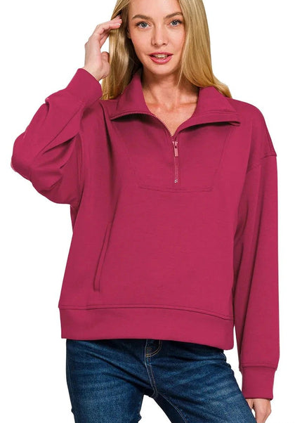 Zenana Scuba Half Zip Sweatshirt with Pockets - Trendsi