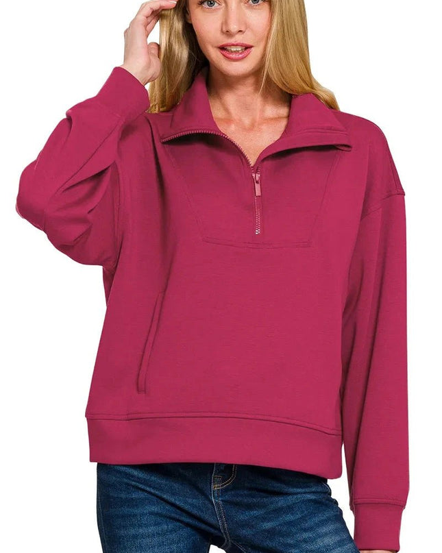 Zenana Scuba Half Zip Sweatshirt with Pockets - Trendsi