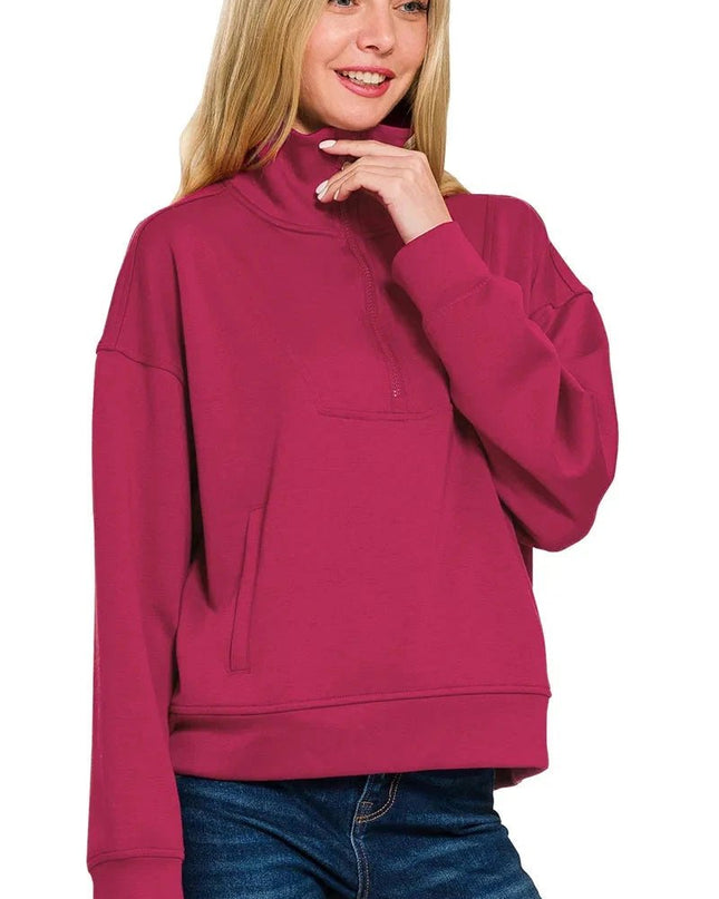 Zenana Scuba Half Zip Sweatshirt with Pockets - Trendsi