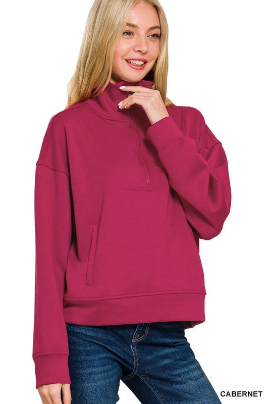 Zenana Scuba Half Zip Sweatshirt with Pockets - Trendsi