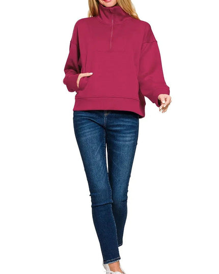 Zenana Scuba Half Zip Sweatshirt with Pockets - Trendsi