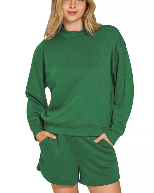 Zenana Scuba Long Sleeve Sweatshirt and Shorts Set - Trendsi