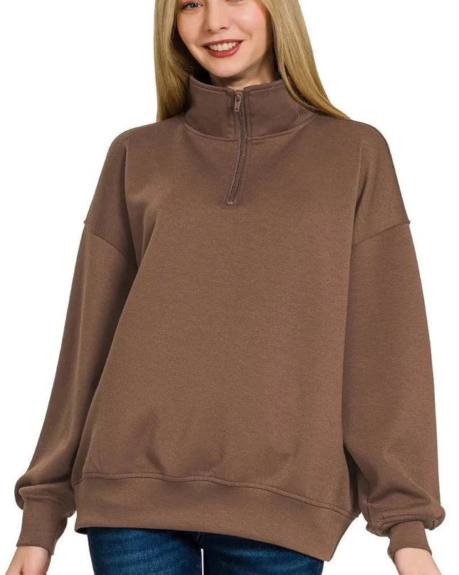 Zenana Scuba Quarter - Zip Sweatshirt - Trendsi