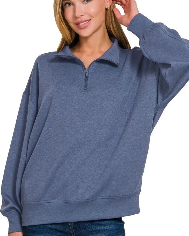 Zenana Scuba Quarter - Zip Sweatshirt - Trendsi