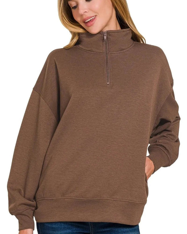 Zenana Scuba Quarter - Zip Sweatshirt - Trendsi