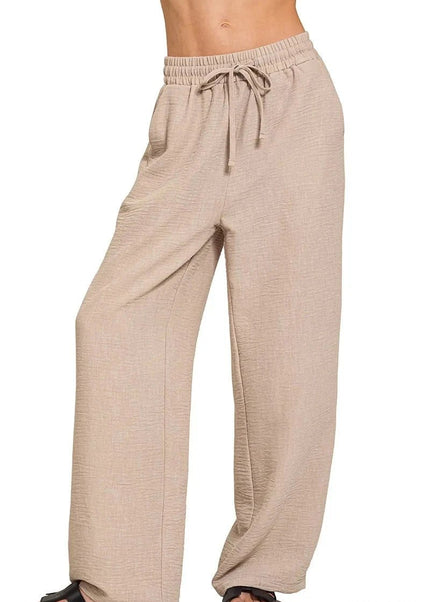Zenana Woven Crepe Elastic Band Pants - Trendsi