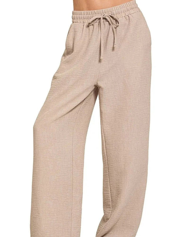 Zenana Woven Crepe Elastic Band Pants - Trendsi