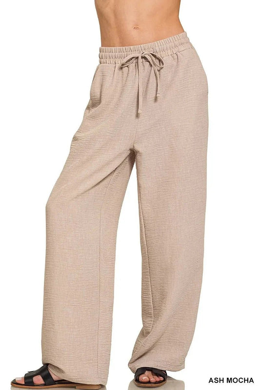 Zenana Woven Crepe Elastic Band Pants