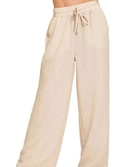 Zenana Woven Crepe Elastic Band Pants - Trendsi