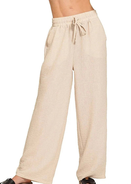 Zenana Woven Crepe Elastic Band Pants - Trendsi