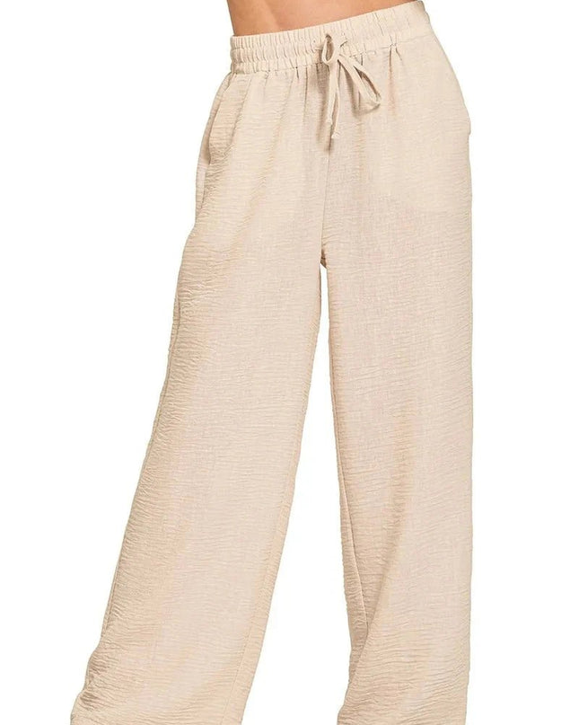 Zenana Woven Crepe Elastic Band Pants - Trendsi