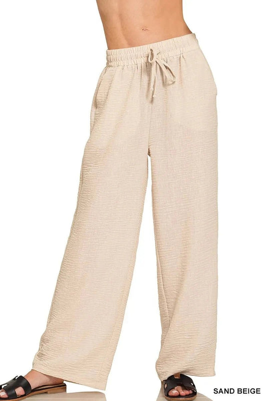 Zenana Woven Crepe Elastic Band Pants - Trendsi