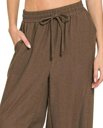 Zenana Woven Crepe Elastic Band Pants - Trendsi