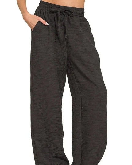 Zenana Woven Crepe Elastic Band Pants - Trendsi