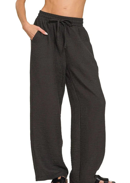 Zenana Woven Crepe Elastic Band Pants - Trendsi