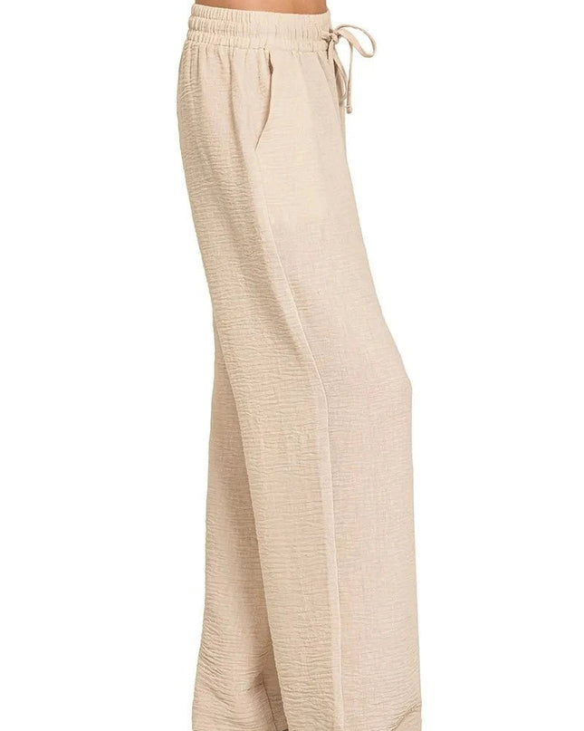 Zenana Woven Crepe Elastic Band Pants - Trendsi