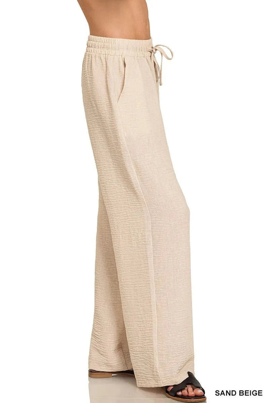 Zenana Woven Crepe Elastic Band Pants - Trendsi