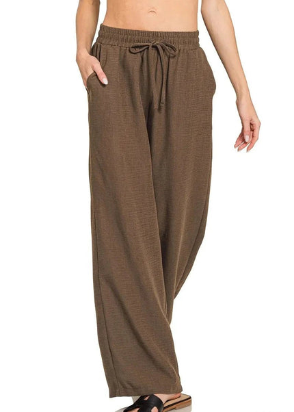 Zenana Woven Crepe Elastic Band Pants - Trendsi