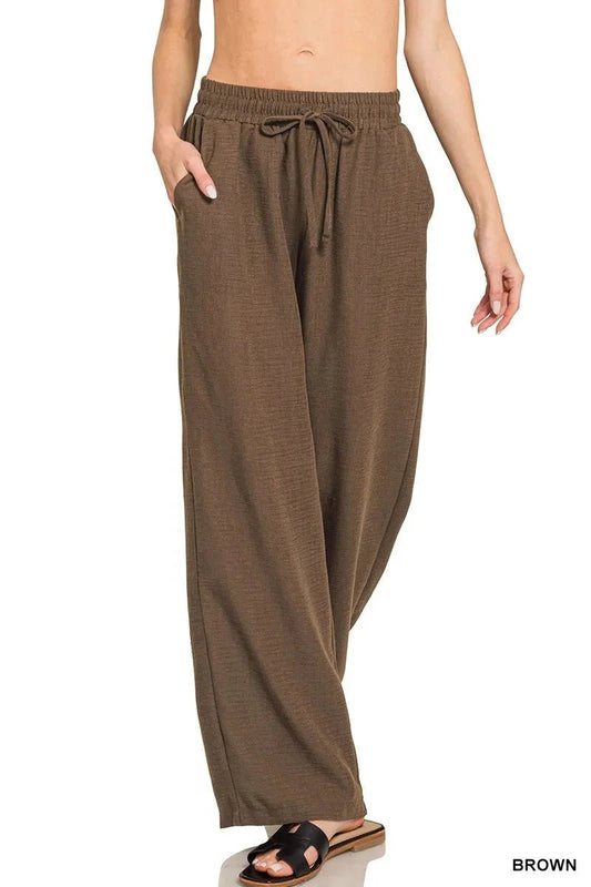 Zenana Woven Crepe Elastic Band Pants - Trendsi