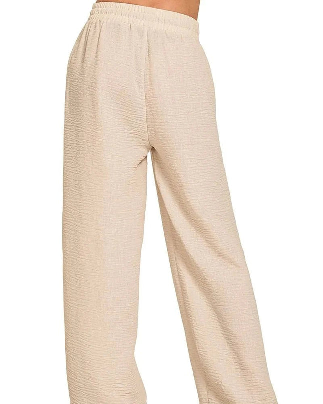 Zenana Woven Crepe Elastic Band Pants - Trendsi