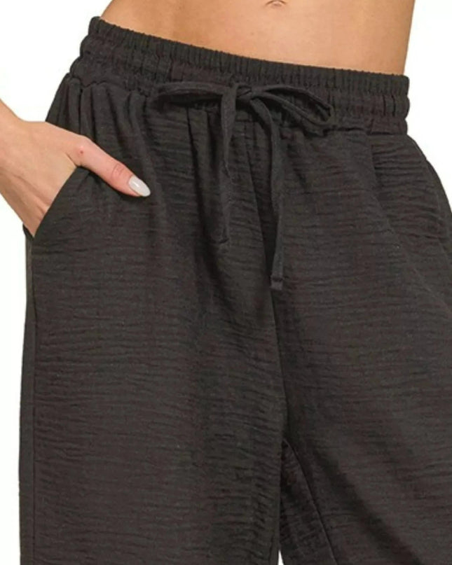 Zenana Woven Crepe Elastic Band Pants - Trendsi