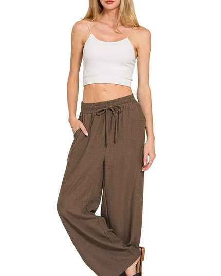 Zenana Woven Crepe Elastic Band Pants - Trendsi