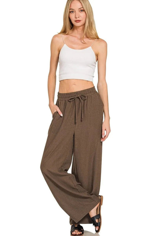 Zenana Woven Crepe Elastic Band Pants - Trendsi