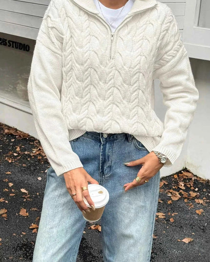 Zip Collar Cable - Knit Sweater - Trendsi