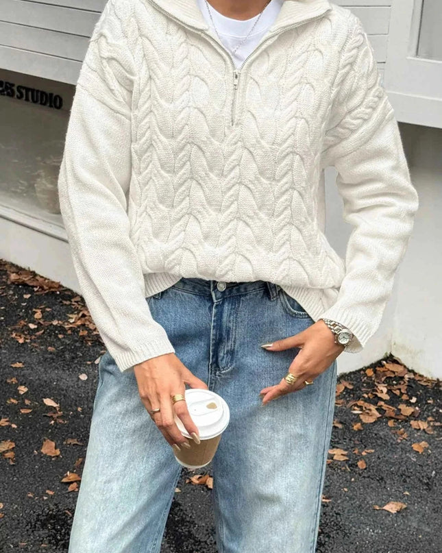 Zip Collar Cable - Knit Sweater - Trendsi
