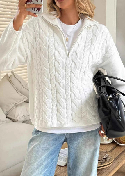 Zip Collar Cable - Knit Sweater - Trendsi