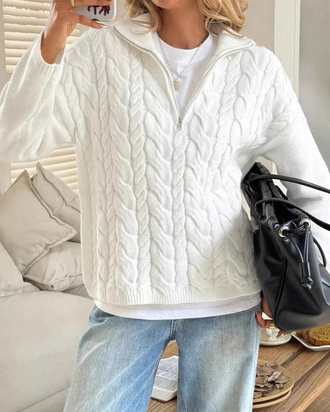 Zip Collar Cable - Knit Sweater - Trendsi
