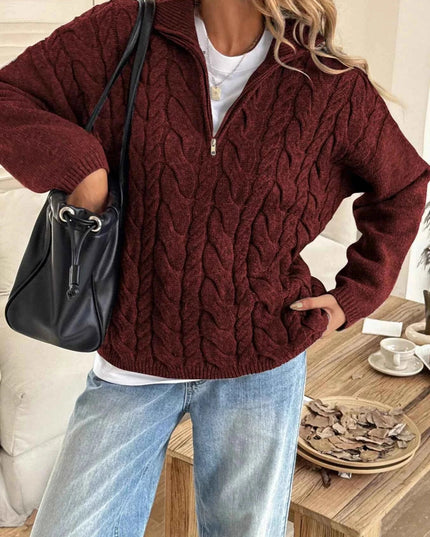 Zip Collar Cable - Knit Sweater - Trendsi