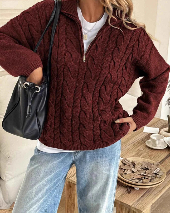 Zip Collar Cable - Knit Sweater - Trendsi