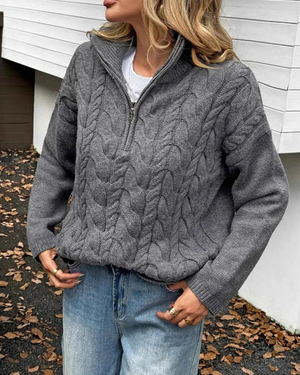 Zip Collar Cable - Knit Sweater - Trendsi