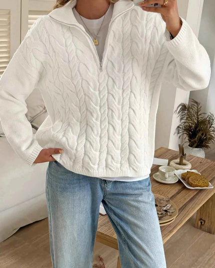 Zip Collar Cable - Knit Sweater - Trendsi