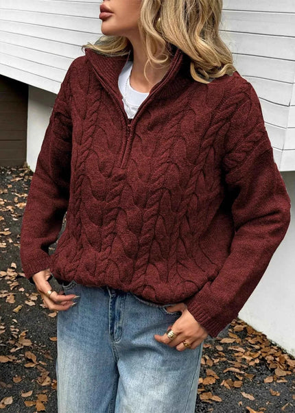 Zip Collar Cable - Knit Sweater - Trendsi