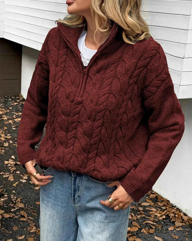 Zip Collar Cable - Knit Sweater - Trendsi