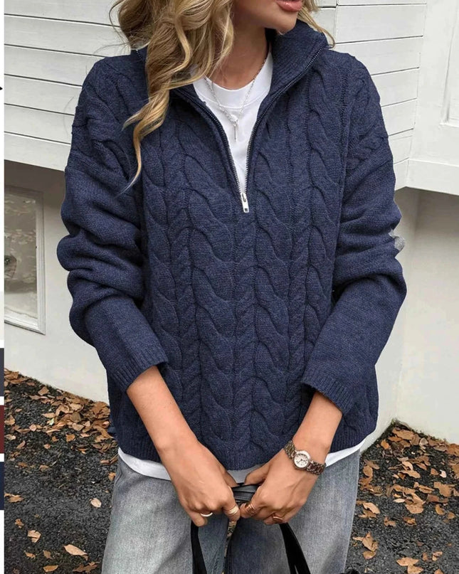 Zip Collar Cable - Knit Sweater - Trendsi