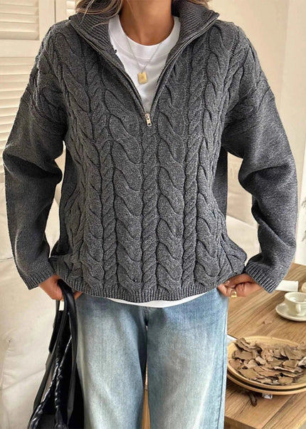 Zip Collar Cable - Knit Sweater - Trendsi