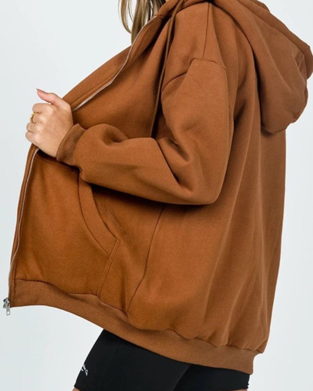 Zip - Up Drawstring Hoodie - Trendsi