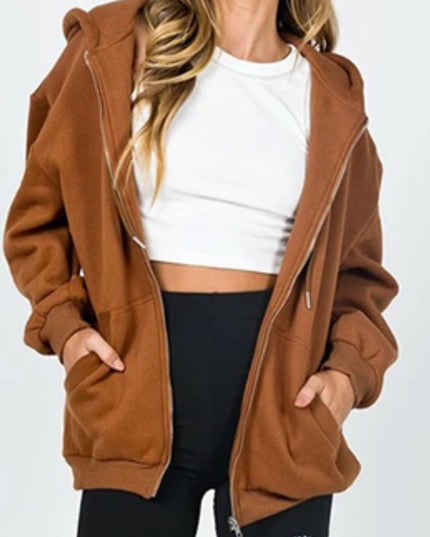 Zip - Up Drawstring Hoodie - Trendsi