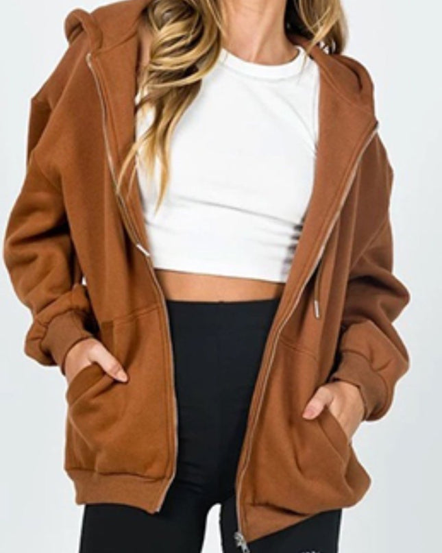 Zip - Up Drawstring Hoodie - Trendsi