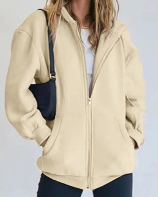 Zip - Up Drawstring Hoodie - Trendsi