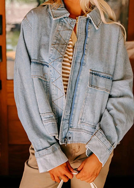 Zip Up Drop Shoulder Denim Jacket