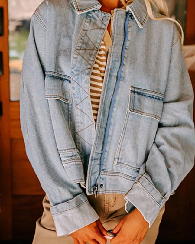 Zip Up Drop Shoulder Denim Jacket - Trendsi