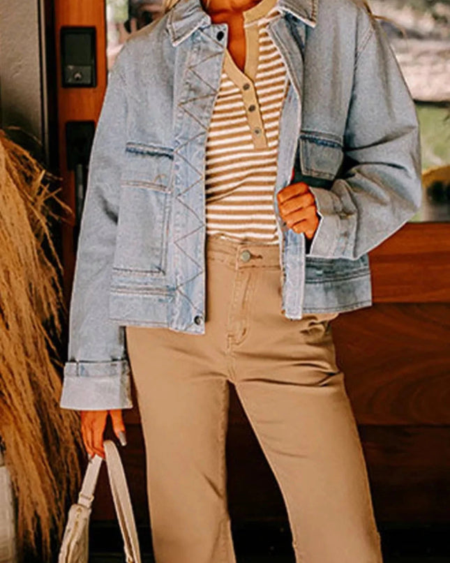 Zip Up Drop Shoulder Denim Jacket - Trendsi