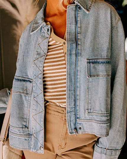 Zip Up Drop Shoulder Denim Jacket